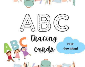 Puede incluir: Imagen educativa con tarjetas de trazo ABC para niños. El diseño incluye las letras A, B y C con líneas punteadas para trazar, junto con ilustraciones de niños sosteniendo letras y útiles escolares. También se incluye el texto "tracing cards" y "PDF download".