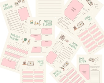 May include: A collection of printable planner pages with a soft color palette. Includes daily, weekly, and monthly planners, along with pages for book reviews, movie lists, and travel wishlists. Each page features decorative illustrations and text.