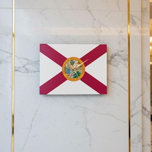 K&ouml;nnte beinhalten: Eine rechteckige Wanduhr mit dem Design der Flagge von Florida. Das Zifferblatt ist wei&szlig; mit roten diagonalen Streifen und einem kreisf&ouml;rmigen Emblem in der Mitte. Goldene Zeiger zeigen die Uhrzeit an.