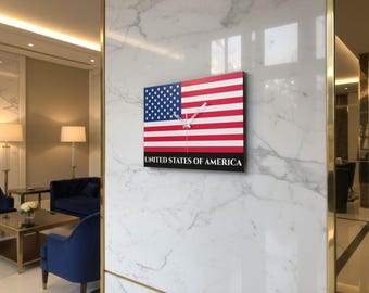 Reloj de pared rectangular con bandera nacional, reloj de pared grande de metal con bandera nacional, regalo de decoración patriótica para el hogar, reloj de pared silencioso único y moderno.