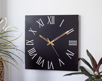 Black Metal Roman Numeral Wall Clock, Silent Square Clock, Modern Rustic Decor