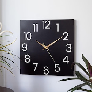 Modern Square Metal Silent Wall Clock, Black Minimalist Wall Clock with Gold Silver Hands, Large Decorative Clock for Living Room and Office