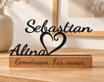 Personalized gift for couples | Gift for boyfriend or girlfriend | Oak wood stand | Anniversary gift with names - heart | Love