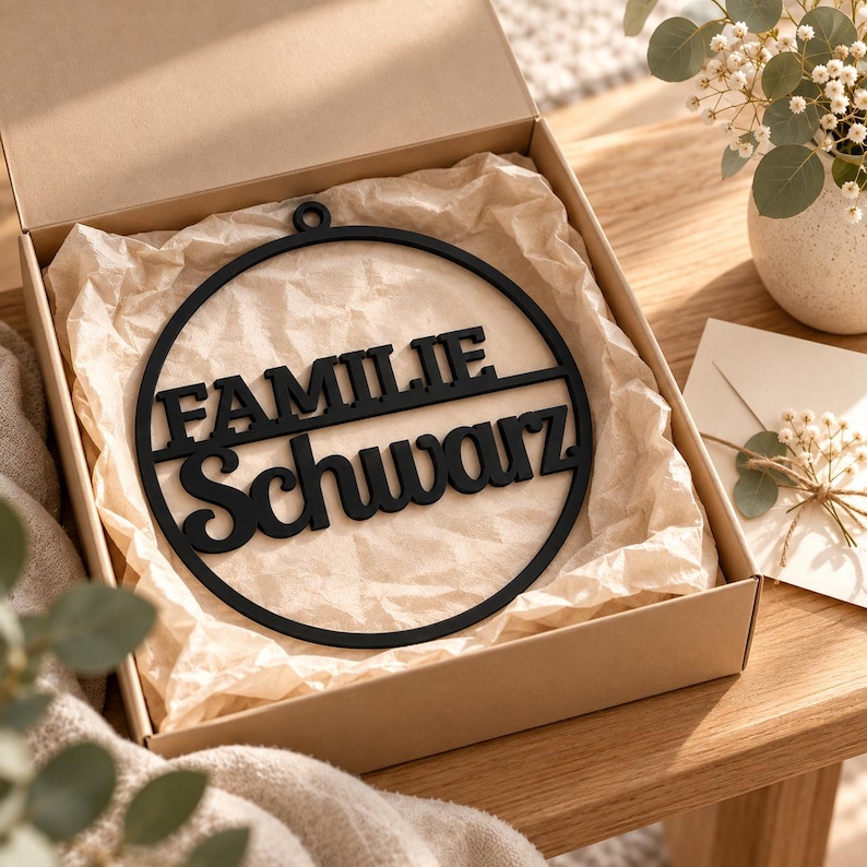 May include: A black circular wall hanging made of cut-out material, featuring the word FAMILIE in a bold sans-serif font above the word Schwarz in a cursive script, all enclosed within a thin black ring with a small loop at the top.
