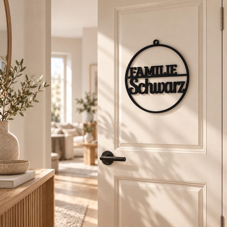 May include: A circular black wall sign featuring the text "FAMILIE" on the top half and "Schwarz" on the bottom half, separated by a horizontal line. The sign includes a small circular loop at the top for hanging and is mounted on a white door.