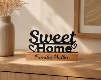 Personalized housewarming gift with engraving | Oak wood stand | Gift for new apartment & house construction | Sweet Home Decor