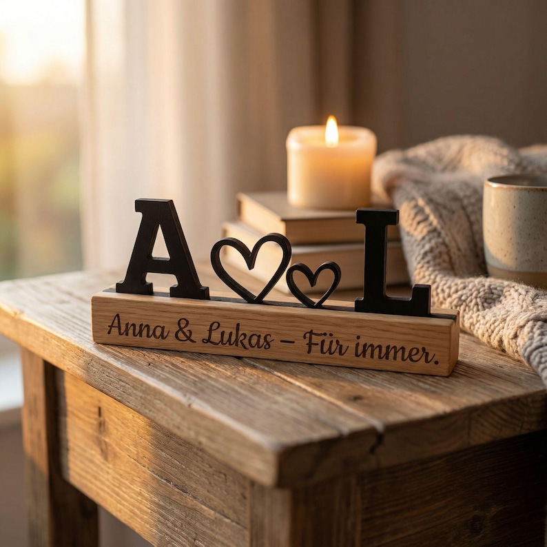 Regalo personalizzato per il partner con iniziali e cuore | Supporto in legno di quercia | Regalo di anniversario per fidanzata/fidanzato | Regalo d'amore/per la relazione immagine 8