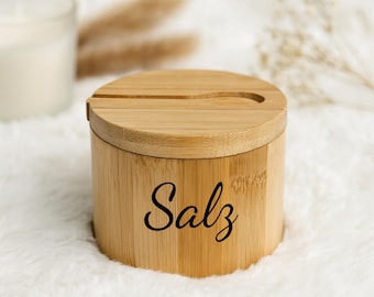 Personalized Bamboo Spice Jar with Spoon | Salt Box with Magnetic Lid | Gift for Kitchen, Wedding & Cooking Lovers | Christmas
