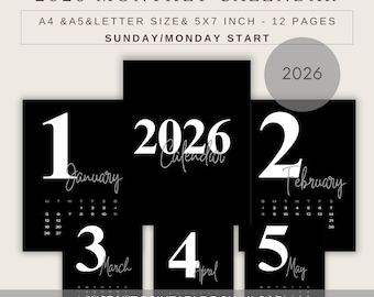 Kalendarz ścienny na rok 2026, czarno-biały, poziomy, elegancki, do druku, format A4, format 5x11, niedziela i poniedziałek, początek, kalendarz PDF