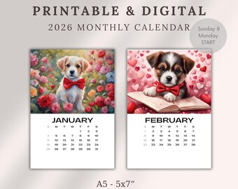 Schilderkalender puppy 2026, cadeau hondenliefhebber (A5 en 5 x 7, digitale download)
