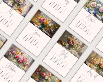 2026 Blumenmalerei-Kalender, Vintage botanische Kunst, Cottagecore-Dekor (PDF 5x7)