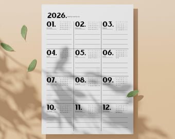 May include: A minimalist 2026 calendar with a white background, featuring monthly layouts and the year at the top. The months are numbered and labeled, with a 'Buy Now' button at the bottom. Green leaves are scattered around the calendar.
