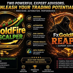 May include: A digital advertisement for FxGoldFire Scalper and FxGoldFire Reaper expert advisors. The graphic features gold bars, trading charts, and a hooded figure with a scythe, alongside text detailing trading strategies, automation, and performance.