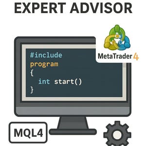 May include: A computer monitor displays programming code with the text "#include program { int start() }". The image includes the text "PROGRAMMIERUNG EXPERT ADVISOR", "MetaTrader 4", "MQL4", and a gear icon.