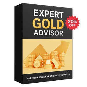 Könnte beinhalten: Eine schwarze Box mit den Worten "EXPERT GOLD ADVISOR" in weißer und goldener Schrift. Das Bild zeigt Goldmünzen, Barren und einen nach oben zeigenden Pfeil. Ein roter Stern weist auf 20% Rabatt hin. Der Text unten lautet "FOR BOTH BEGINNER AND PROFESSIONALS."