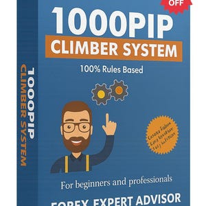 Puede incluir: Una caja azul con el texto "1000PIP CLIMBER SYSTEM" en blanco y naranja. La caja también presenta una ilustración de un hombre con gafas y las palabras "FOREX EXPERT ADVISOR". Una estrella roja indica un 20% de descuento.