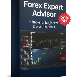 May include: A navy blue box with the text "Forex Expert Advisor" and "suitable for beginners & professionals." The box displays a laptop screen with trading charts. A red starburst graphic indicates a 20% discount.