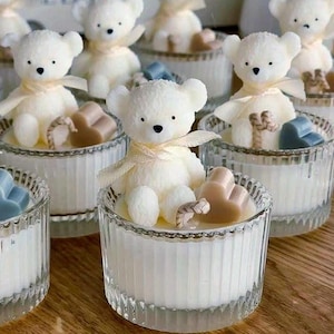 Candela profumata personalizzata in barattolo di vetro / Bomboniere a forma di orsetto per baby shower / Regalo per la festa di rivelazione del sesso del bambino / Souvenir per la festa di compleanno o di nascita