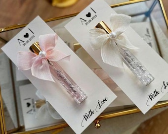 Frascos de perfume de vidro personalizados como lembrancinhas, presentes de casamento com fita de pérolas, lembrancinhas para chá de bebê e damas de honra.