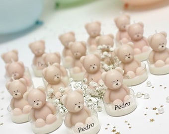Recuerdos personalizados con velas de osito de peluche, regalos personalizados para baby shower con nombre, recuerdo de bautizo, lindo recuerdo para fiesta de bebé con osito