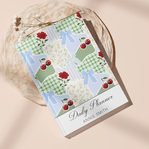 Cherry Gingham Daily Planner, Personalized Patchwork Hardcover, Blue Bow Organizer, Retro Floral Stationery