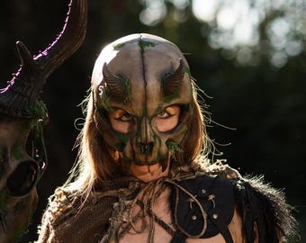 Shaman Druid Mask, Barbarian Horned Human Skull, Fangs Cosplay, Pagan Head Adornment, Dark Ritual Headpiece