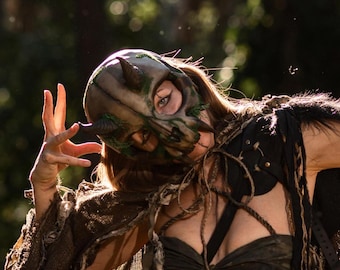 Druid Tribal Warrior Mask, Horned Human Skull, Woodland Dark Elf Costume, Forest Guardian, Renaissance LARP Cosplay