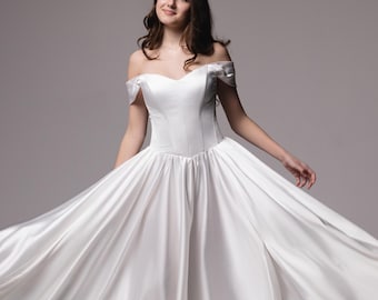 Off Shoulder Satin Wedding Dress with Slit, Sweetheart Corset Bridal Gown, A Line Ivory Wedding Dress, Custom Size