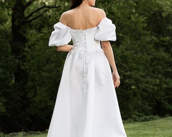 Off Shoulder Satin Wedding Dress with Puff Sleeves, Lace Up Corset Bridal Gown, Minimalist A Line Outdoor Ceremony Robe, Custom Size Dress