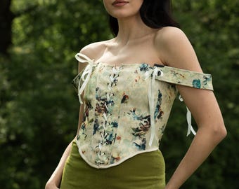Cottagecore Floral Corset, Off Shoulder Lace Up Bustier, Vintage Tapestry Bodice, Renaissance Fairycore Top, Romantic Corset Stays