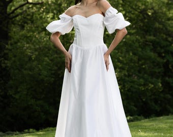 Off Shoulder Puff Sleeve Satin Wedding Dress, A-Line Bridal Gown, Modern Wedding Outfit