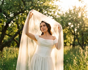 Off-Shoulder Corset Wedding Dress with Draped Sleeves, Fairy Victorian Statin Dress, Modest Ceremony Dress