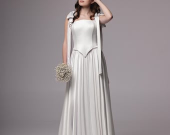 Satin Corset Wedding Dress with Bow Straps, Elegant A Line Bridal Gown, Minimalist Silk Bride Attire