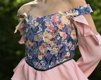 Floral Peplum Corset Top, Off Shoulder Romantic Blouse, Cottagecore Fairycore Clothing, Vintage Tapestry Bustier, Princesscore Bodice