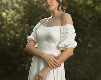 Satin A-Line Wedding Dress, Off Shoulder Puff Sleeve Bridal Gown, Romantic Princess Bride Attire, Custom Size Wedding Outfit