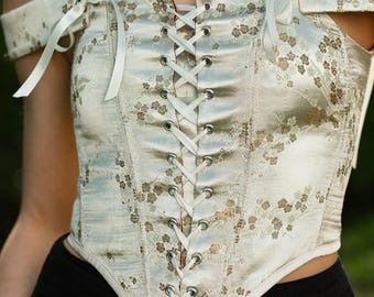 Ivory Floral Jacquard Corset Top, Off Shoulder Corset, Bridal Corset Top, Romantic Corset Blouse, Cottagecore Top, Lace Up Corset