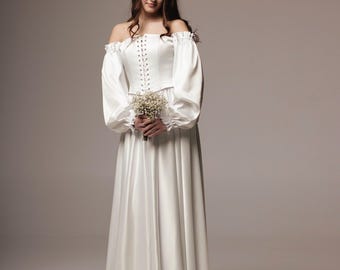 Satin Corset Wedding Dress with Puff Sleeves, Off Shoulder Bridal Gown, Lace Up Cottagecore Dress