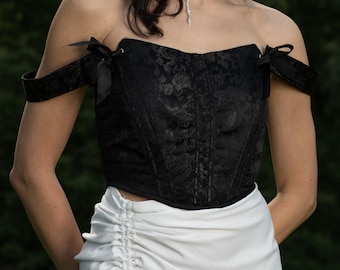 Off Shoulder Corset Top, Black Jacquard Corset, Romantic Bridal Top, Cottagecore Renaissance Clothing