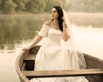 Minimalist Satin Wedding Dress, Off Shoulder Bridal Gown, Clean A-Line Dress, Custom Made
