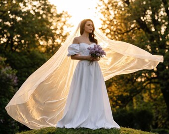 Satin A-Line Wedding Dress, Puff Sleeve Corset Bridal Gown, Ivory Fairytale Style