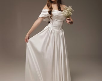 Abito da sposa con corsetto a spalle scoperte e maniche drappeggiate, abito da favola vittoriano in stile Statin, abito da cerimonia sobrio