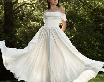 Draped Satin Corset Wedding Dress, Off Shoulder Basque Waist Bridal Gown, Romantic Flowy Princess Bride Attire, Classic Ivory Gown