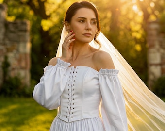 Ivory Satin Corset Wedding Dress, Off-Shoulder Bridal Gown, Lace-Up Renaissance Style