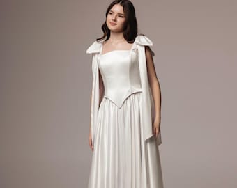 Corset Wedding Dress with Bow Straps, Satin A Line Bridal Gown, Square Neck Ivory Wedding Dress, Custom Minimalist Bridal Gown