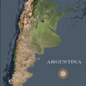 May include: A satellite image of Argentina, a country in South America. The image shows the country's diverse terrain, including mountains, plains, and rivers. The country's flag, featuring a sun with a human face, is displayed in the lower right corner.