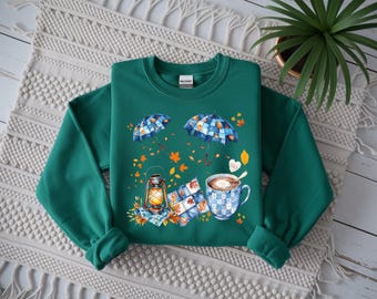PNG-bundel herfstcoquette: koffie met bloemen, blauwe strik, pompoen (digitale download)