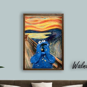 Könnte beinhalten: Ein gerahmter Druck mit einer Parodie von Edvard Munchs "Der Schrei", wobei das Krümelmonster die zentrale Figur darstellt. Das Kunstwerk ist vor einem lebendigen, farbenfrohen Hintergrund platziert und in einem Walnussrahmen gerahmt. Der Text "Walnut Frame" wird rechts angezeigt.