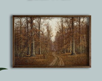 Autumn Forest Landscape Canvas Print – Rustic Woodland Path Wall Art – Realistic Nature Painting for Cabin Decor or Cozy Living Room
