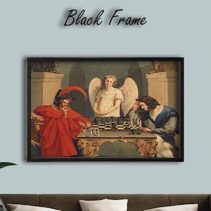 May include: A framed print of a painting showing a chess game. A figure in a red robe and hat faces off against a figure in a blue coat, with an angel observing. The frame is black, and the text "Black Frame" is above the artwork.