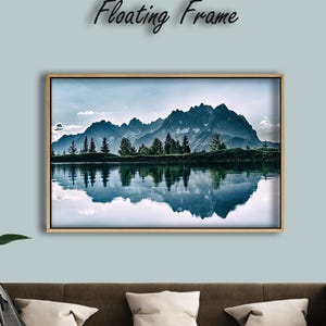 Mountain Lake Reflection Canvas – Peaceful Nature Landscape Wall Art – Serene Blue Forest Print – Oak Frame Modern Home Decor